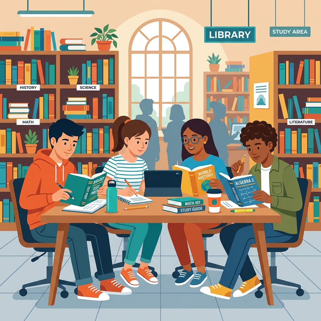 High school student focusing in school library