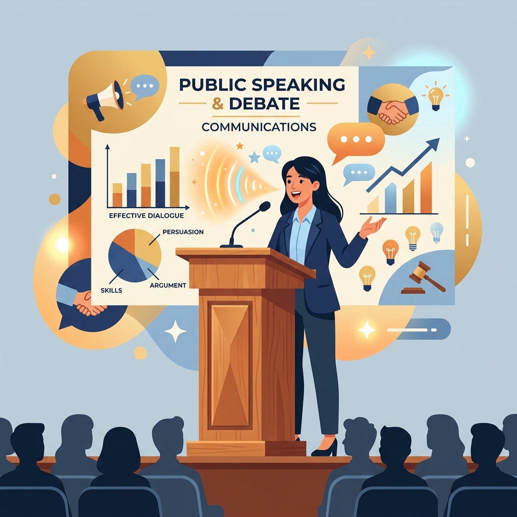 Student speaking at podium behind microphone